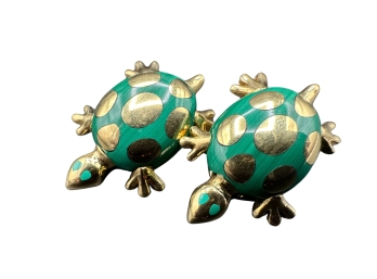 Rare Tiffany & Co. Turtle 18K Gold And Malachite Inlay Clip On Earrings