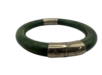 Vintage Nephrite Jade Silver Mounted Chinese Bangle Bracelet