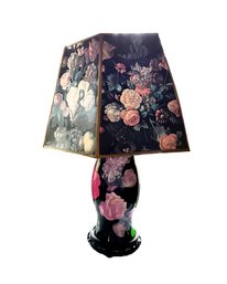 Antique Black Table Lamp With Flowers And Custom Shade