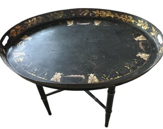 Antique Chinoiserie Chinese Style Black Tray Table With Stand