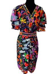 Bergdorf Goodman Italian Leonard Studio Floral Dress With Belt Size 2