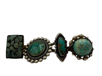 Collection Of 4 Vintage Sterling Silver & Turquoise Rings