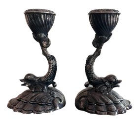 Pair Of Antique Vintage Silver Plated Candlesticks With Fish