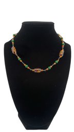 Vintage Molded Glass Czech Style Beaded Green And Orange Necklace