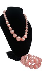 Vintage Set Of 1950's Pink Beaded Pearl Lucite Style Necklace With Bracelet