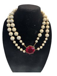 Vintage Costume Pearl Beaded Necklace With Red Stone