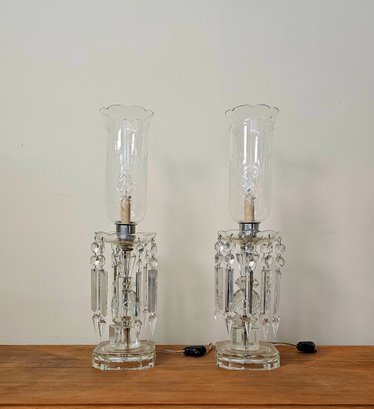 Vintage Pair Of Boudoir Lamps Hurricane Glass With Clear Shades #14