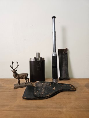 Tin Lined Flask W/leather Case, 10 - 30 Power Zoom Telescope, Vintage Leather Holster And Deer Sculpture #64