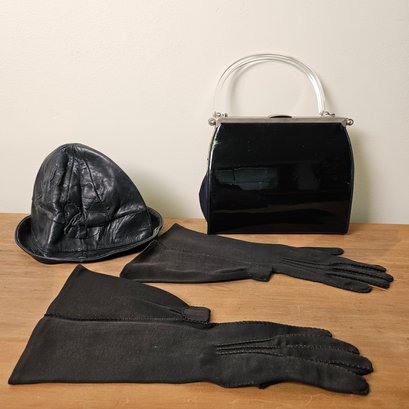 Saks Fifth Avenue  New York Leather Hat, Vintage Gloves And Black Clutch With Clear Lucite Handle #111