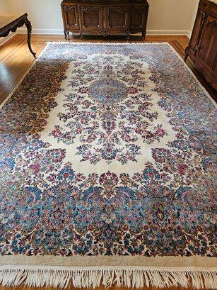 One-of-a-kind Antique Persian Old Kerman Hand-woven Wool Carpet Originated In The 1950s Floral Pattern Ivory#4