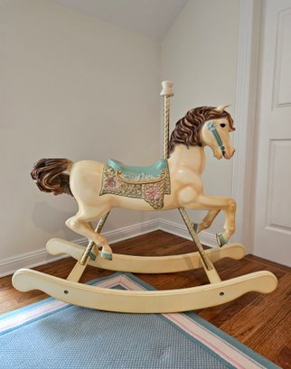 Stunning Artist Signed Wood Carved And Hand Painted Carousel Rocking Horse With Pole #29