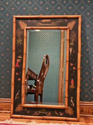 36 X 25 Stunning Bamboo Framed Chinoiserie Hand Painted Beveled Mirror #68
