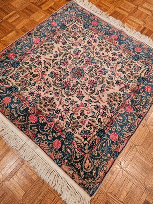 Antique Persian Hand Knotted Old Kerman Small Rug Wool Floral Design 4' X 4' #89