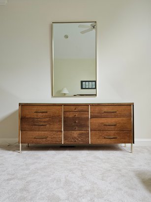 Long Mid Century Dresser And Metal Frame Mirror By John Stuart Inc. Ten Total Drawers With Brass Hardware #20