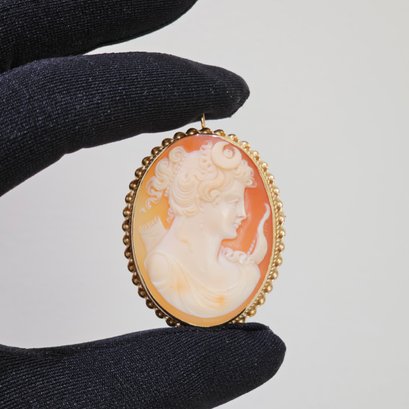 14K Yellow Gold Hand Carved Cameo Brooch Pendant #20