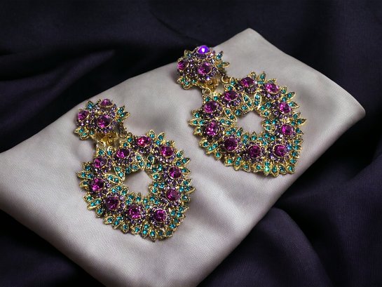 Thelma Deutsch Signed Purple Turquoise Large Heart Dangle Earrings