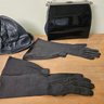 Saks Fifth Avenue  New York Leather Hat, Vintage Gloves And Black Clutch With Clear Lucite Handle #111