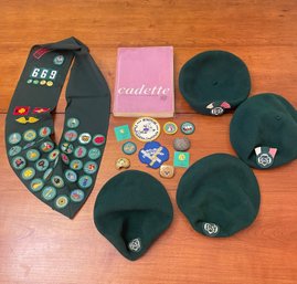 Lovely Lot Of 1970s Girl Scouts 4 Berets, Sash, Patches #135