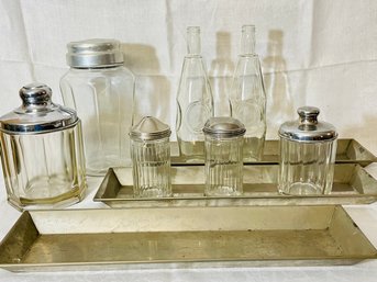 Lot Of 2 Vintage Thick Glass Candy Jars With Lid, 3 Metal Trays, 2 Bottles, Large Jar Without Lid   #239