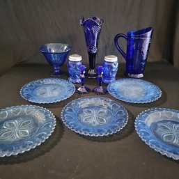 Lot Of 5 Vtg Commemorative Plates, Cobalt Blue Glass Measuring Pitcher, Vases, Candlesticks, Etc #32