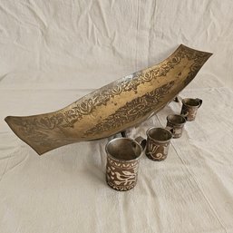 Vintage Brass Footed Bowl/platter And 4 Copper Measuring Cups #63