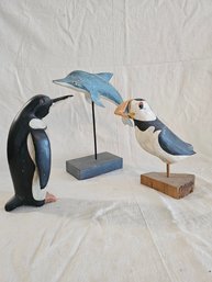 Vintage Decorative Wooden Sculptures Of Penguins And Dolphin #160