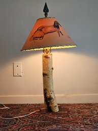 Vintage 31' Tall Hand Made Birch Wood Table Lamp With Hand Painted And Signed Lamp Shade  #162