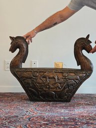 23.5  X 31 Fine And Rare Hand Carved  Antique Ceremonial Twin Horse Head Viking Bowl Norwegian Birchwood  #165