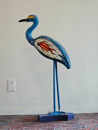 36' Tall Vintage Hand Crafted And Hand Painted Wooden Egret Statue Signed And Dated #166