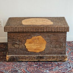 Vintage Pine Wood Chest With  Ship Wooden Inlay #174