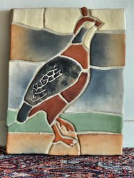 Rare Moravian Pottery Handcrafted Smoked Glued  Mosaic 'quail Tile' Signed And Dated 16 X 14  #202