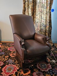 Antique Custom Made Brown Leather Chair With Carved Dog Head Armrests #230