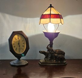 Vintage Elephant Table Lamp Stained Glass Shade And Seth Thomas 4 Jewels Table Clock #241