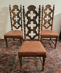 Lot Of 3 Antique Jacobean Gothic Style Highback Dining Chairs With Leather Seat  #284