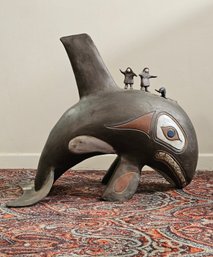 Indigenous Art Large Ceramic Whale With Eskimo People 21 X 23 Marked Underneath  #286