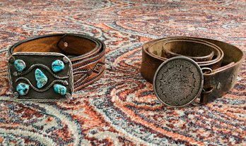 Large Native American Silver & Turquoise Buckle On Leather Belt And Metal Aztec Mayan Buckle Belt #287