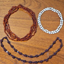 Beautiful Lot Of Garnet, Amber And Natural Baroque Pearl Necklaces #339