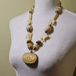 Vintage Carved Bone Elephant Necklace #346