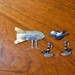 Vintage Brooches And Duck Earrings #352