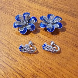 Lot Of 2 Art Deco Silver And Blue Enamel Clip-on Earrings  #354