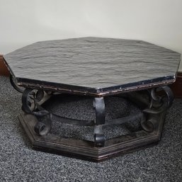 Spanish Colonial Octagonal Slate Top Iron And Wood Coffee Table #1