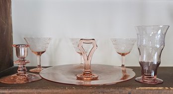 Central Glass Works Balda Footed Tumbler, Pink Glass Serving Tray W/handle, 3 Cut & Etched Glasses & Candle#13