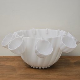 Vintage Milk Glass Punch Bowl With 9 Matching Cups #23