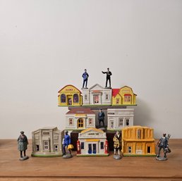 Vintage Japan Village 8-piece Plaster Composition Building Set And Vintage Miniature Train Metal Figurines #33