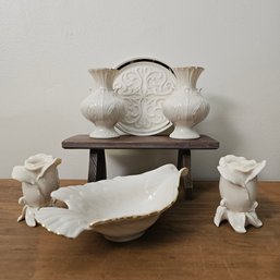 Beautiful Lenox Dove Dish, Pair Of Small Lenox Vases, Pr Of Lenox Candlesticks And Small Dish #43