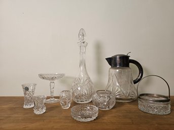 Vtg Cut Glass Silver Accented Pitcher, Decanter, Basket, Jar/bowl, Small Vases And Pedestal Crystal Dish #62