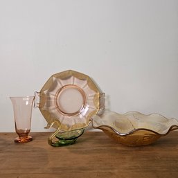 Glastonbury Etched Pink Depression Glass Gold Trim Tray,depression Glass Bowl,vase/glass, Cherokee Swan #66