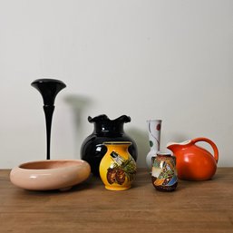 MCM Pink Ceramic Pottery Bowl,miniature Satsuma Style Handpainted Vase,black Hand Blown Glass Vase And More#67