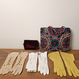 Vtg 1950s Mr John Golden Yellow Gloves, Margaret Smith Floral Bag, Velvet Purse And 2 Pr Of Vintage Gloves#107