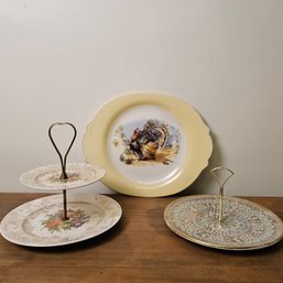 Vintage Limoges USA Turkey Serving Platter, Two Tier Cake Stand, Antique Gold Stangl Pottery Handled Dish #121